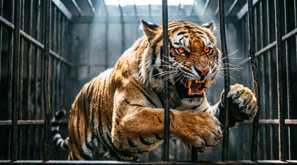 Furious as a caged tiger